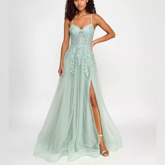 Say Yes Juniors' Embroidered Applique Side-Slit Ball Gown - Picture 1 of 7